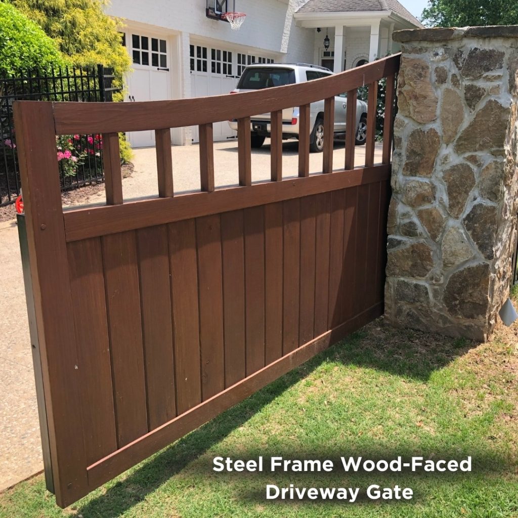 Steel frame wood faced driveway gate
