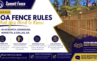 Banner for Summit Fence blog: HOA Fence Rules—What You Need to Know, with a wooden privacy fence and social icons on the right.